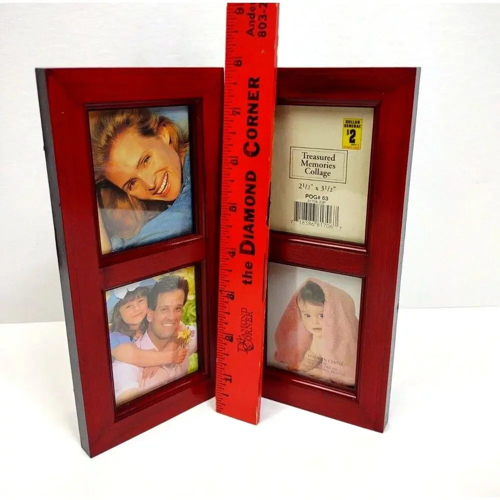 Treasured Memories Cherry Wood Look Table Top Wall Hanging 4 Opening Photo Frame